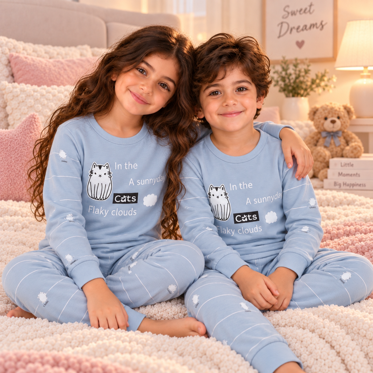 Kids’ 100% Cotton Grey Cat Pajama Set | 3–14Y