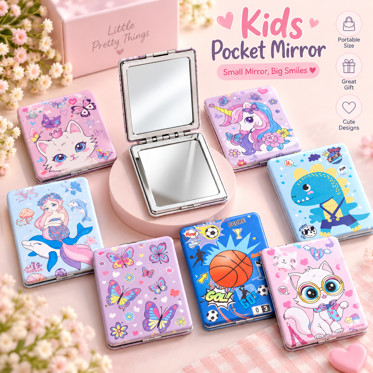 Kids Pocket Compact Mirror – 8 Cute Designs | Size 8.5×6cm
