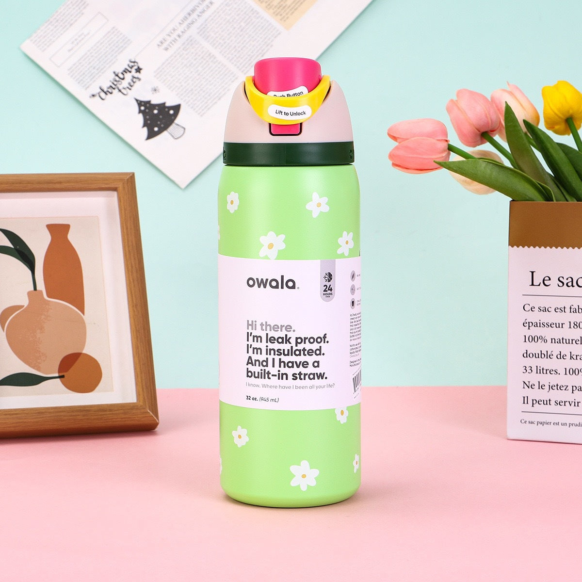 Owala Bottle Stainless Steel Free Sip Leak-proof Green Small  Flowers 710-950ml