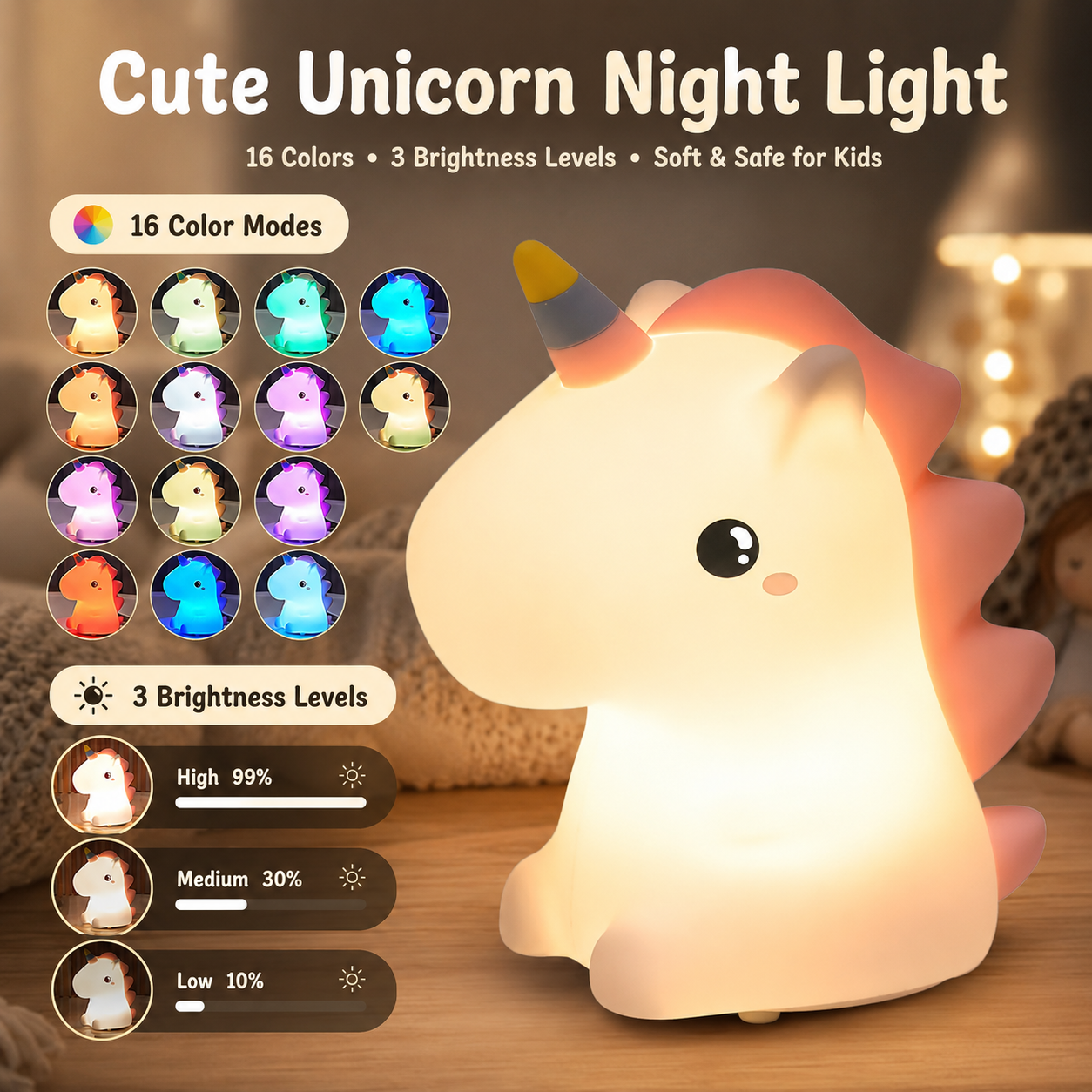 Rainbow Unicorn Night Light Silicone Rechargeable Colorful Lamp LED | 3+