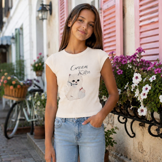 Cream Kitten Ribbed Top | Size 12-14y