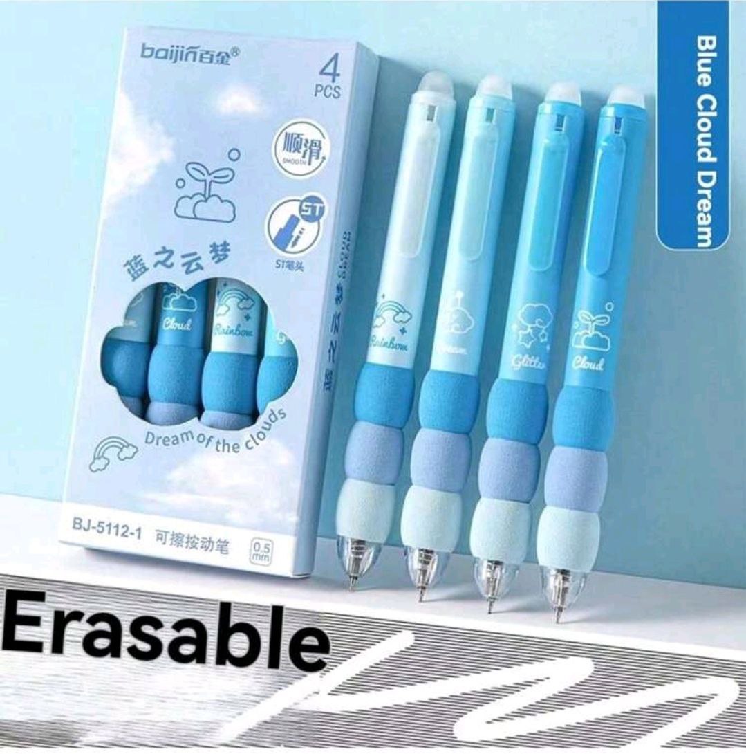 Cartoon Erasable Pen Pack Of 4 Pcs  Black Or Blue Ink Press Pen 0.5mm