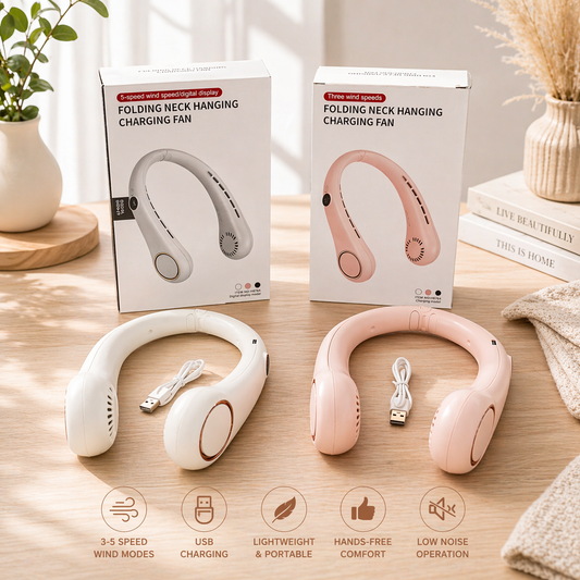 Folding Neck Hanging Charging Fan – White & Pink
