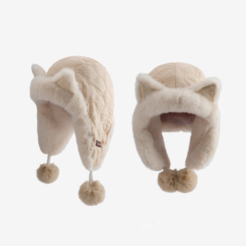 Warm Plush Hat Beige Cat Style 3-10y
