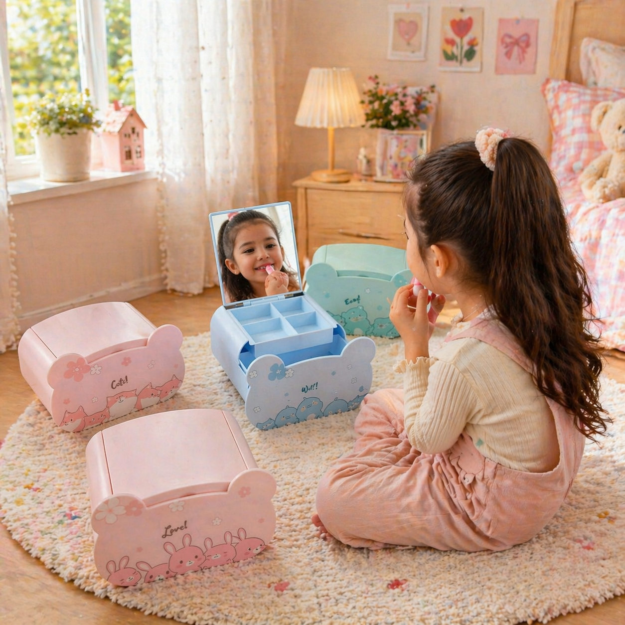 Cute Kids Vanity Storage Box With Mirror & Drawer