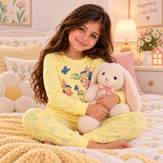 Girls’ 100% Cotton Bunny & Butterfly Pajama Set | 3–10Y