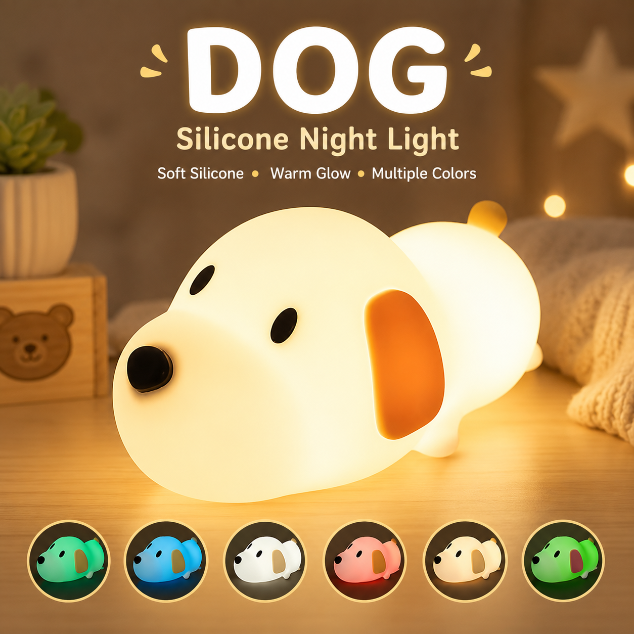 Dog Silicone Night Light | USB Rechargeable Color-Changing | 3+