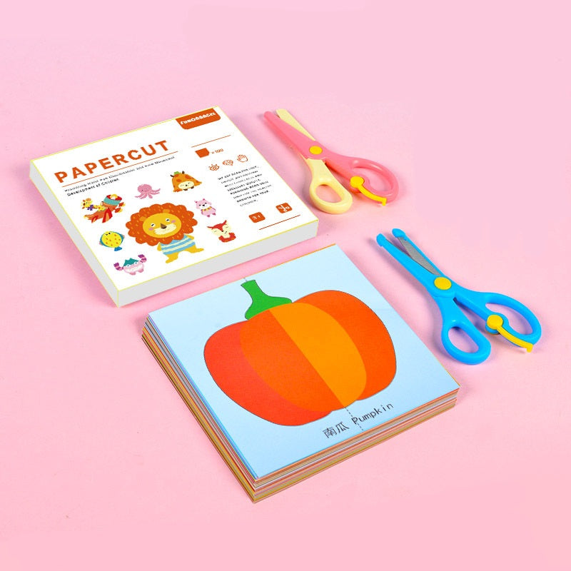 Kids Papercut Craft Kit – 100 Cutting Cards with Safe Scissors, Assorted Themes
