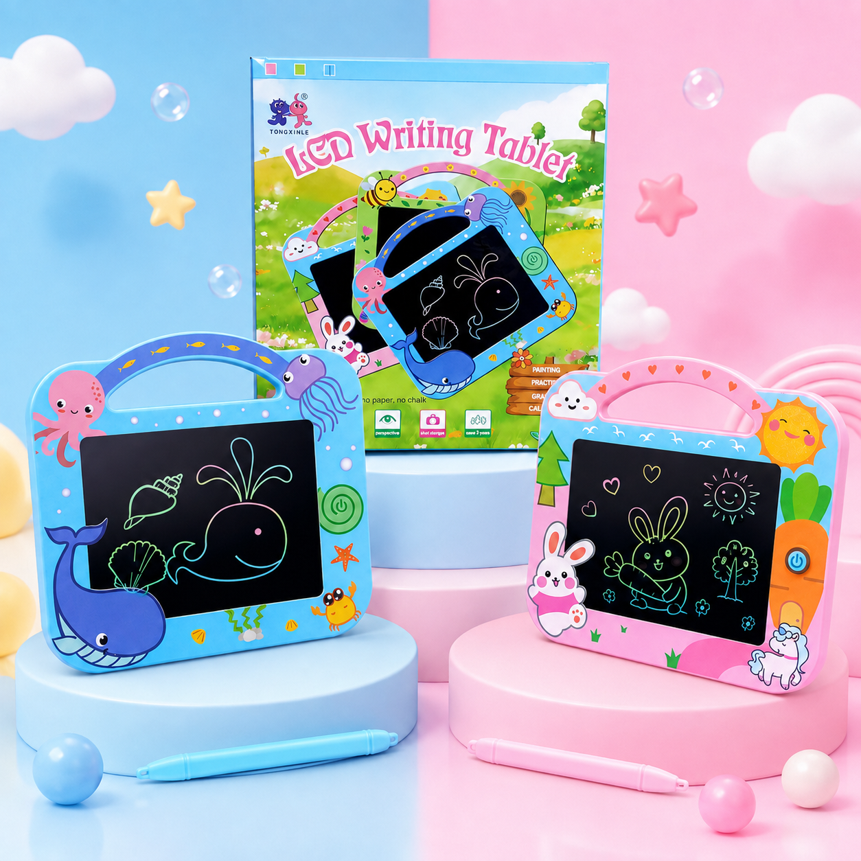 Kids Reusable LCD Writing Tablet with Stylus – Blue & Pink