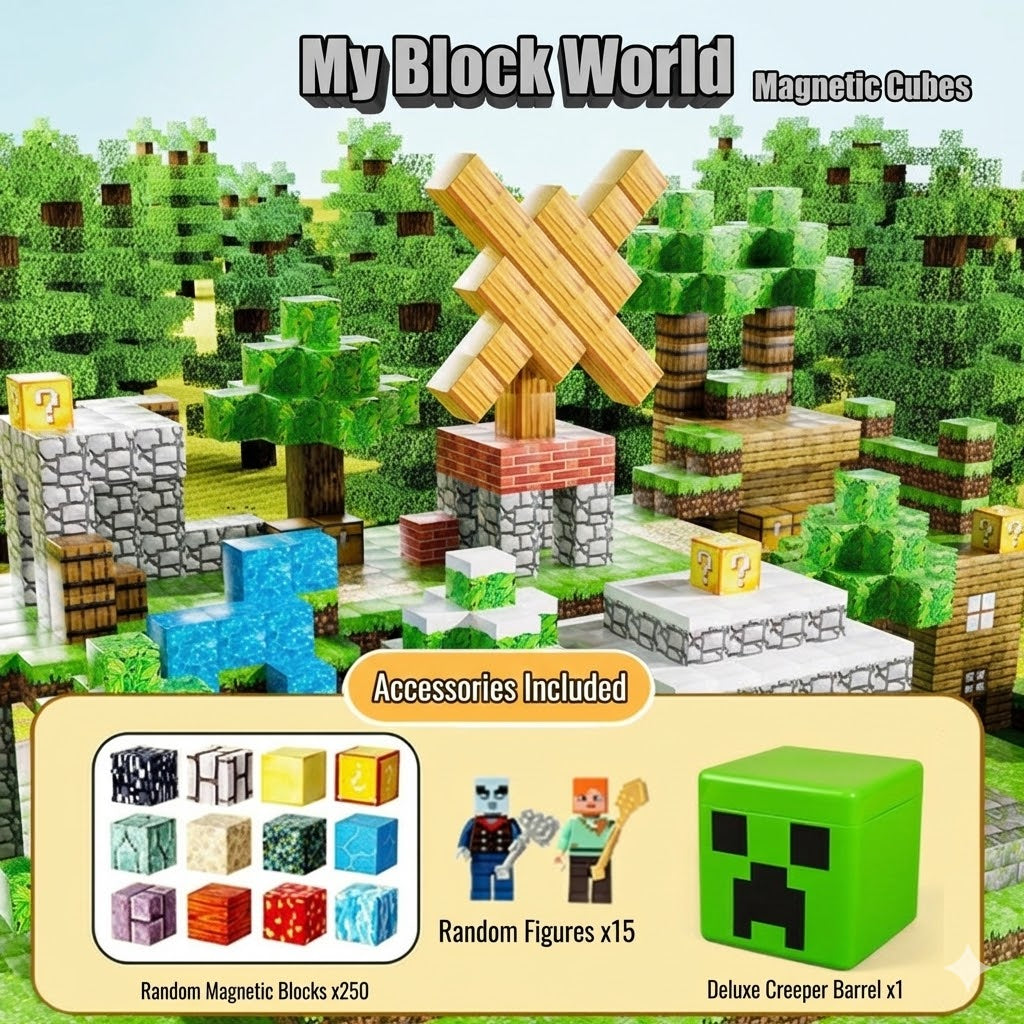 Magnetic Block Cubes Set - Creeper Or TNT Storage Box | 250 Pcs