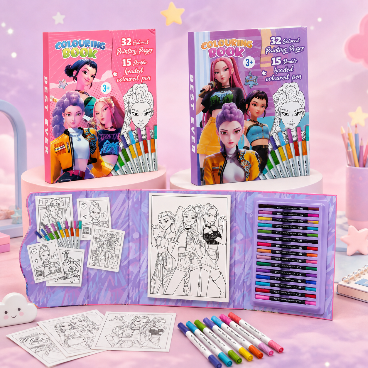 K-Pop Style Colouring Book Set with 15 Double-Ended Colour Pens – 32 Pages |  Big Size