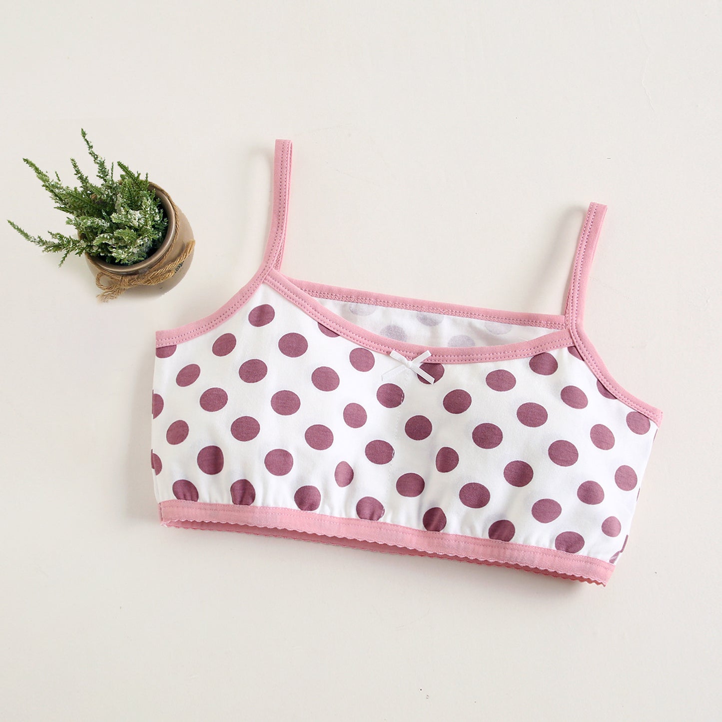 Girls Cotton Bras (4 pcs) – Thin Straps Pink Dots| Size 6–12Y