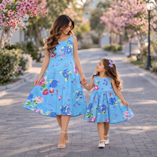 Matching Blue Floral Dresses for Mom & Daughter 2 Dresses |S+6-8y