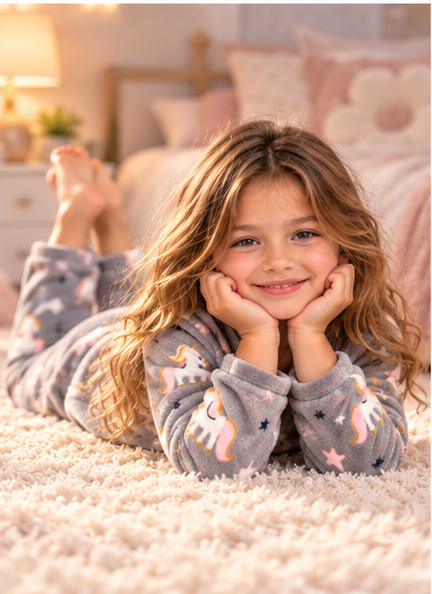 Kids’ Warm Unicorn Pajama Set – Grey | 1–16Y