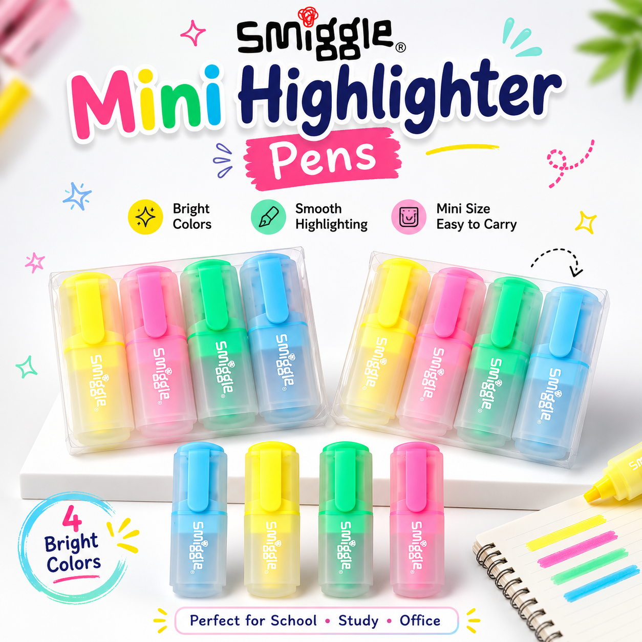 Smiggle Mini Highlighter Pens | 4 Pcs Pack