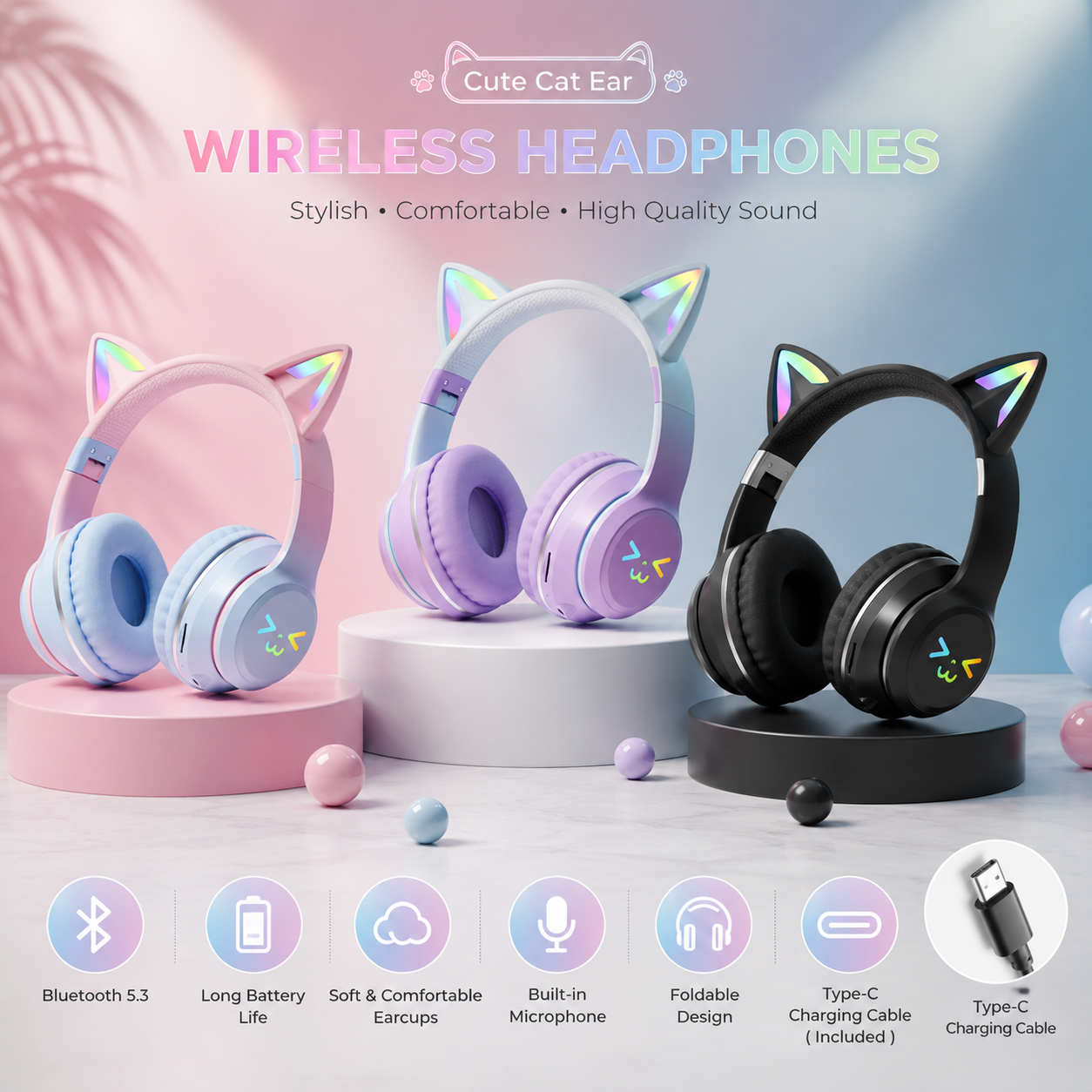 Cat Ear Wireless Headphones With LED Colorful Glow + Type-C Charge Cable