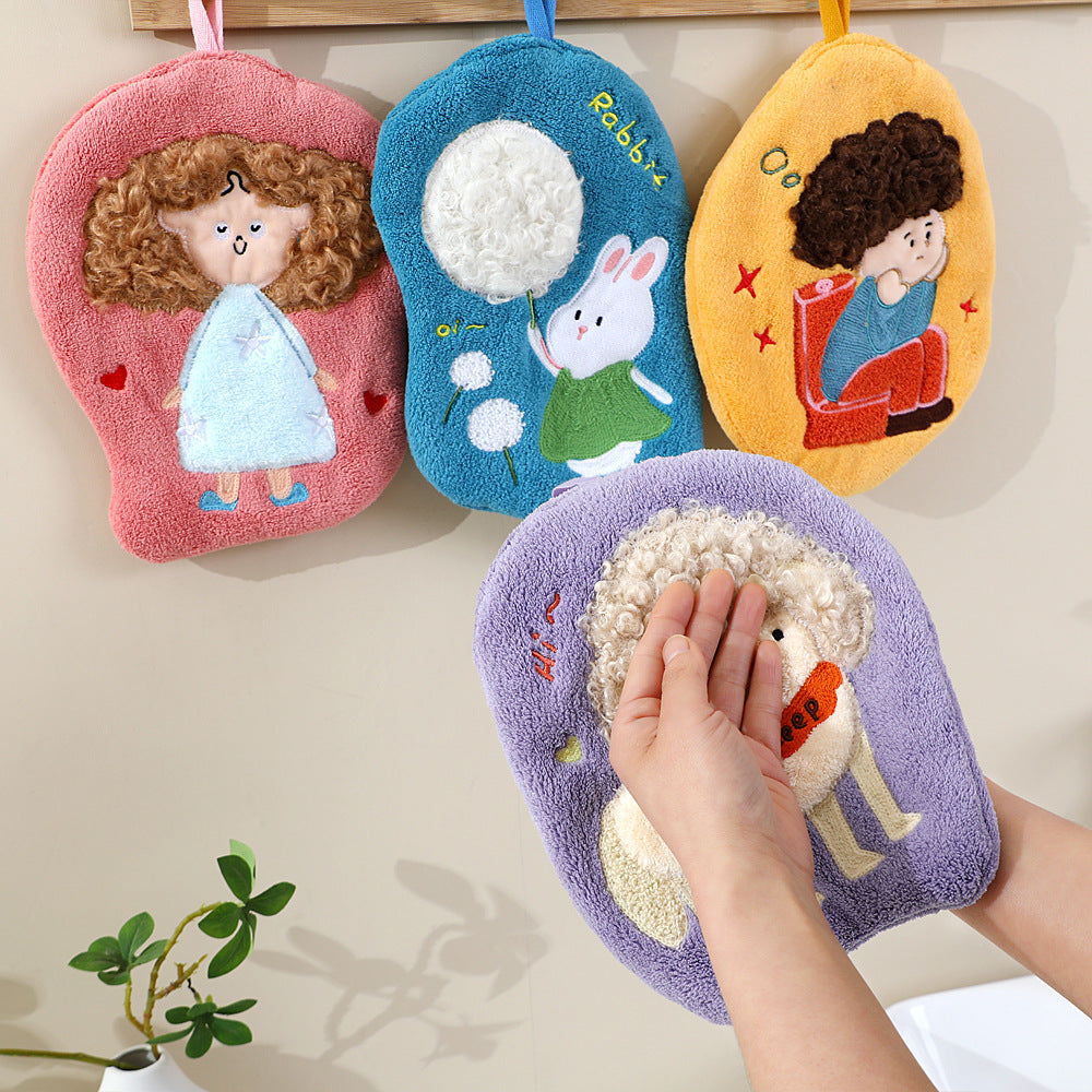 Cute Cartoon Coral Fleece Hanging Hand Towel – 23 × 18 cm