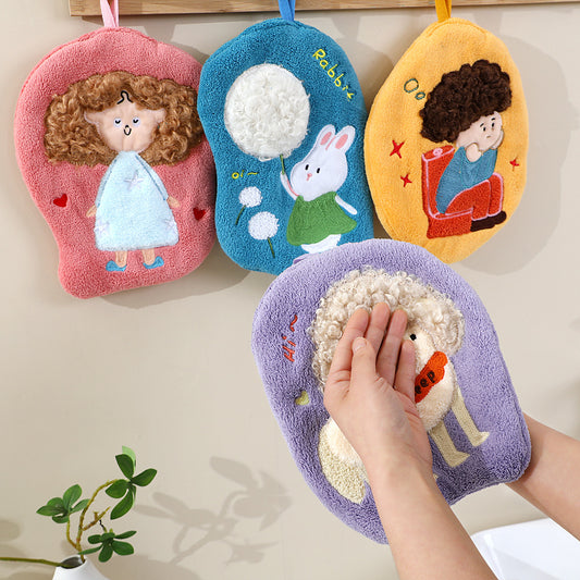 Cute Cartoon Coral Fleece Hanging Hand Towel – 23 × 18 cm