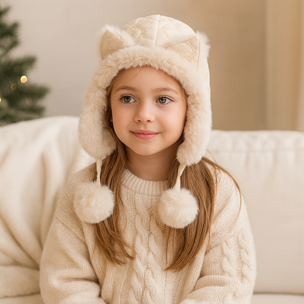 Warm Plush Hat Beige Cat Style 3-10y