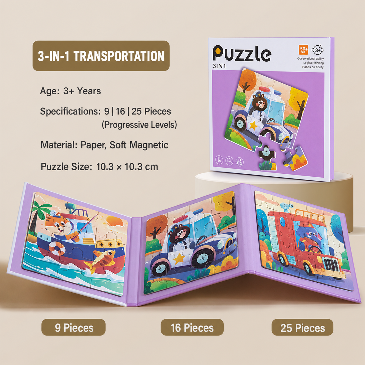 3-in-1 Magnetic Puzzle Set for Kids | 3+