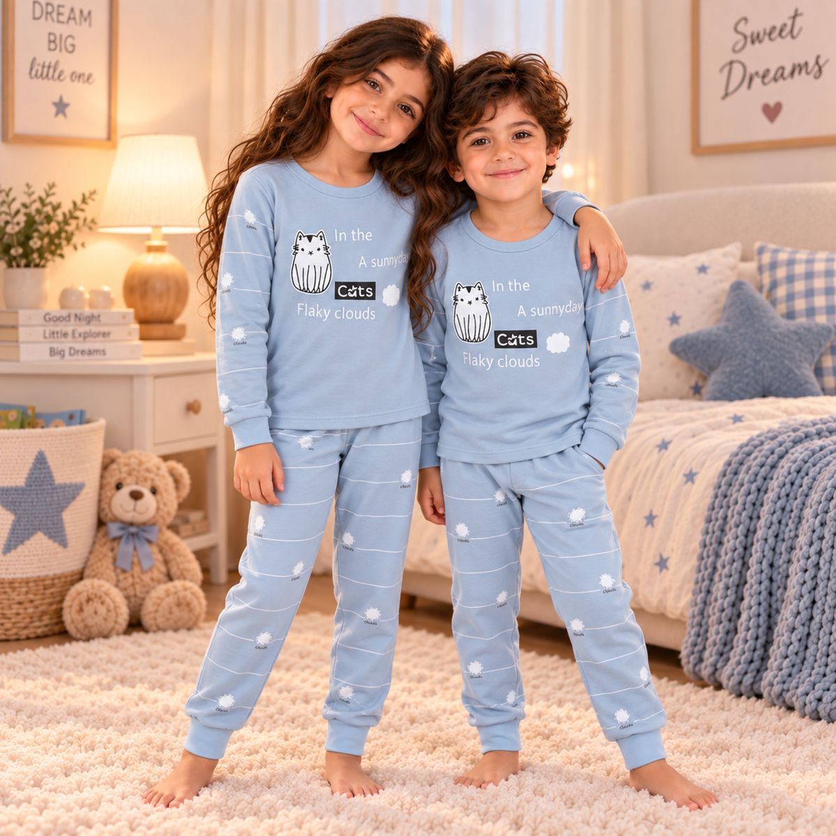 Kids’ 100% Cotton Grey Cat Pajama Set | 3–14Y