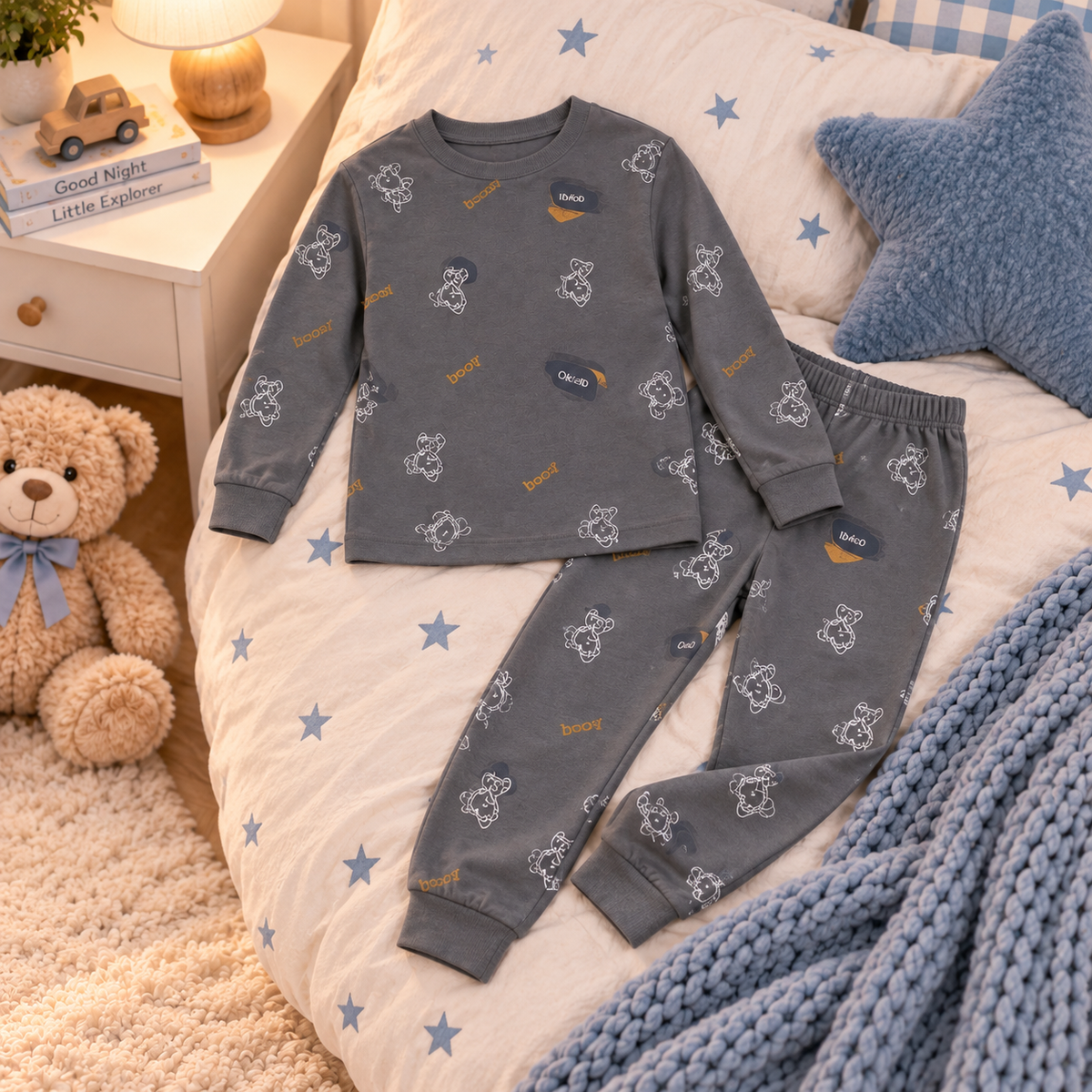 Boys’ 100% Cotton Teddy Bear Pajama Set | 8–14Y