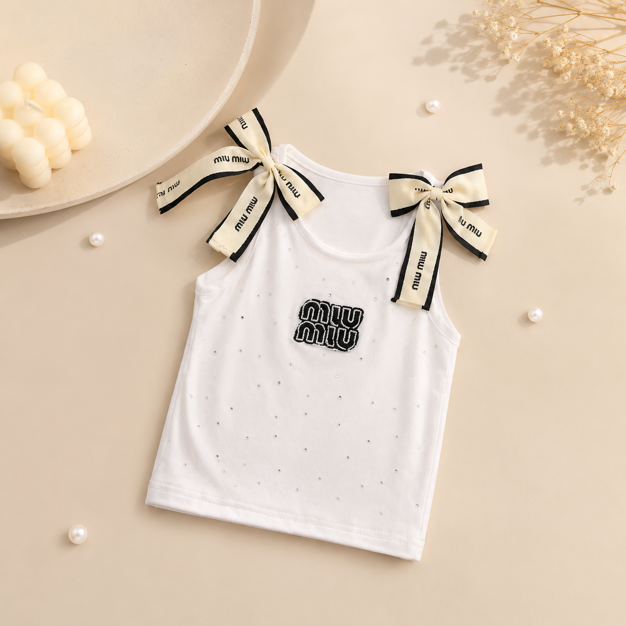 Girls Bow Detail Rhinestone Top – White & Black | Size 1-10y