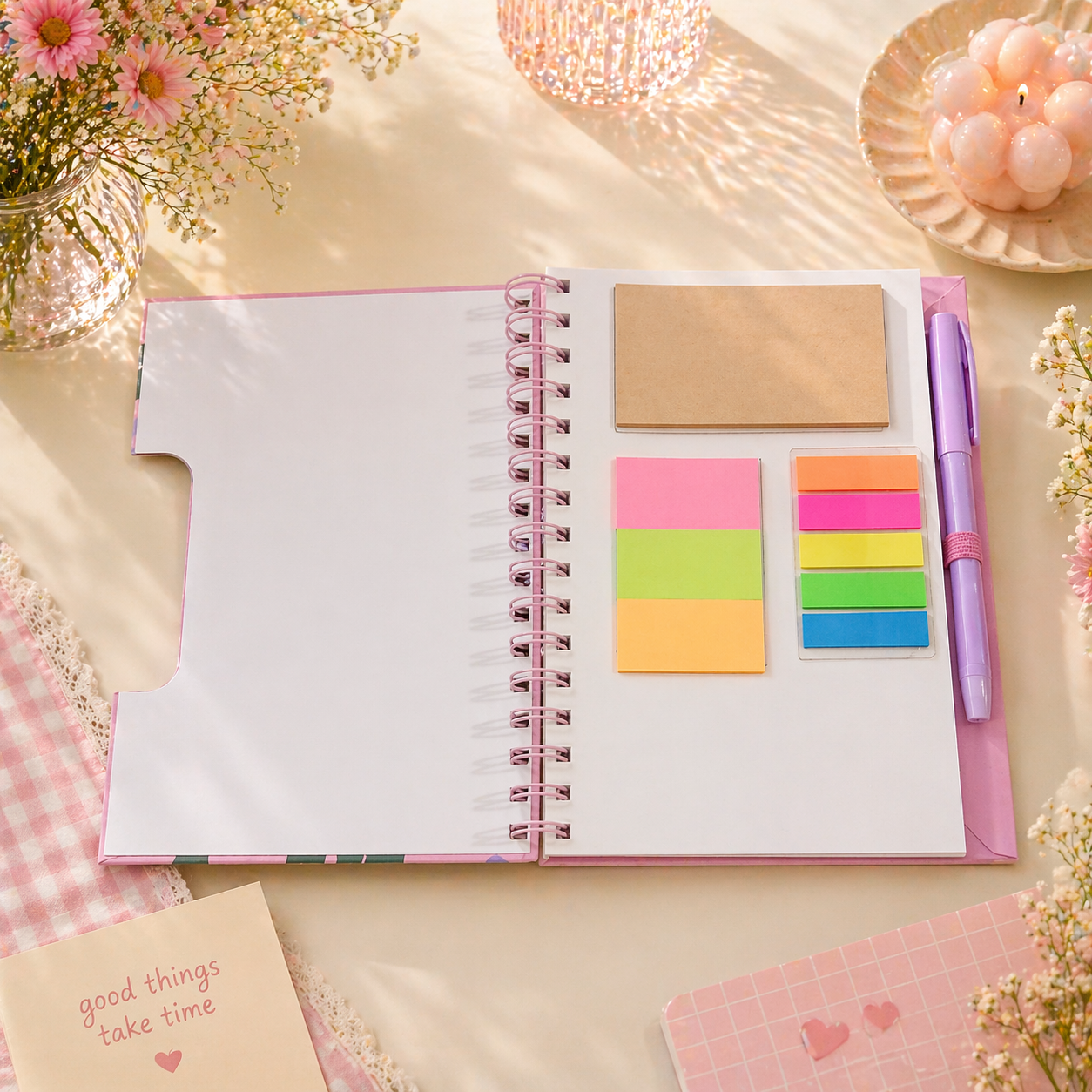Floral Spiral Notebook Set with Sticky Notes & Pen A5
