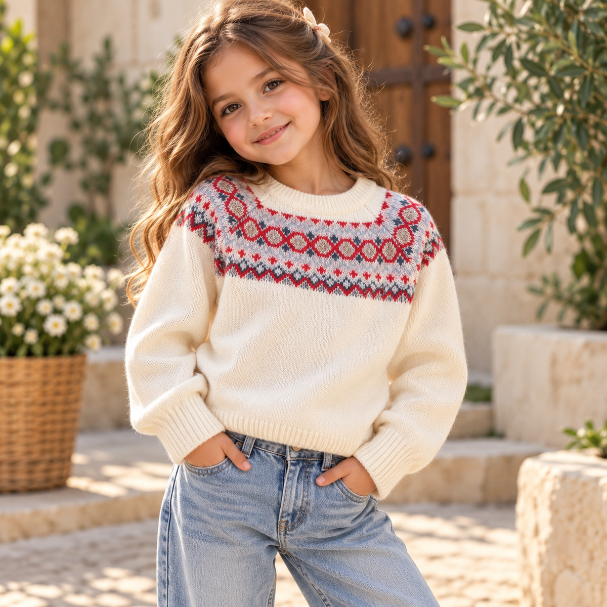 Girls' Nordic Pattern Knitted Sweater / 1–10Y
