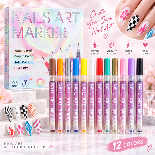 12-Color Nail Art Marker Pen Set – 0.5mm Fine Tip