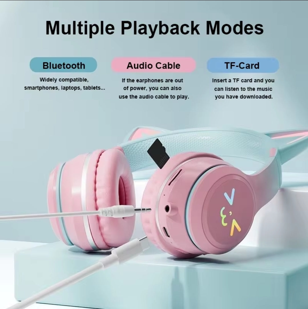 Cat Ear Wireless Headphones With LED Colorful Glow + Type-C Charge Cable