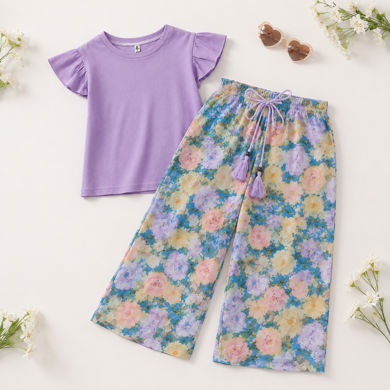 Wide Pants Purple Flowers Outfit | Size 4-14y