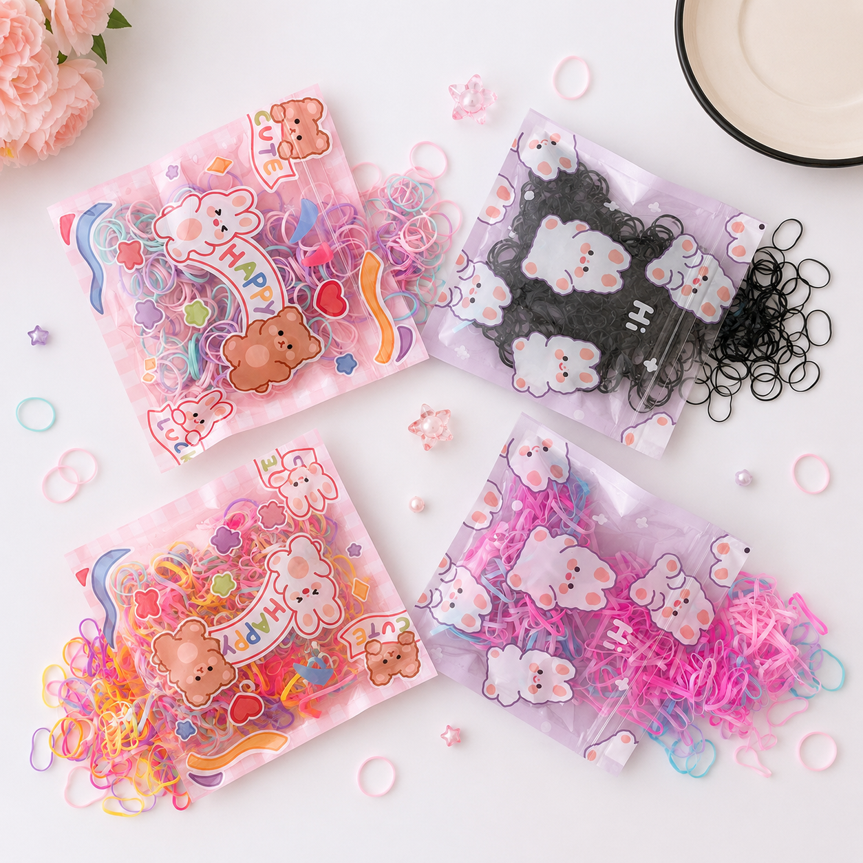 Kids Mini Hair Elastic Bands Set – 4 Color Packs | 200pcs