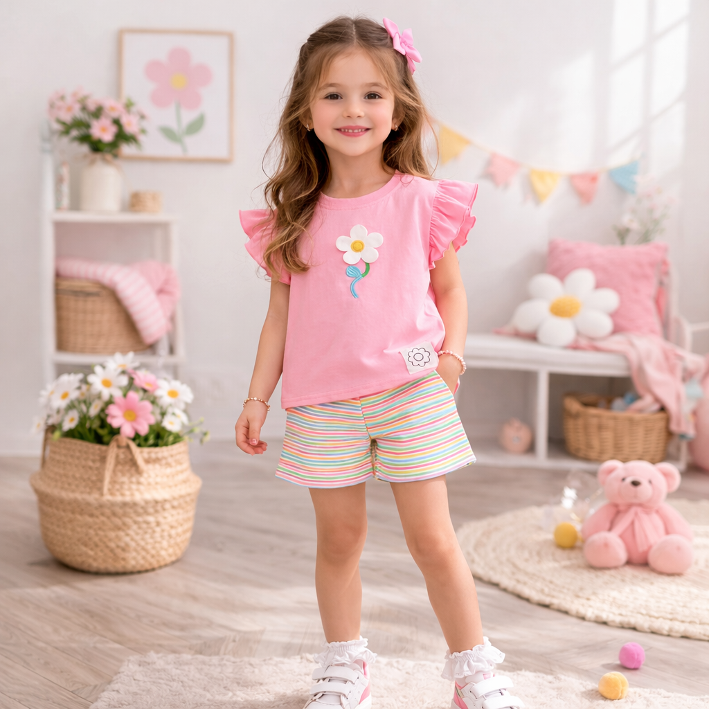 Girls Cotton Flower Set – Soft Summer Outfit (3–10Y)