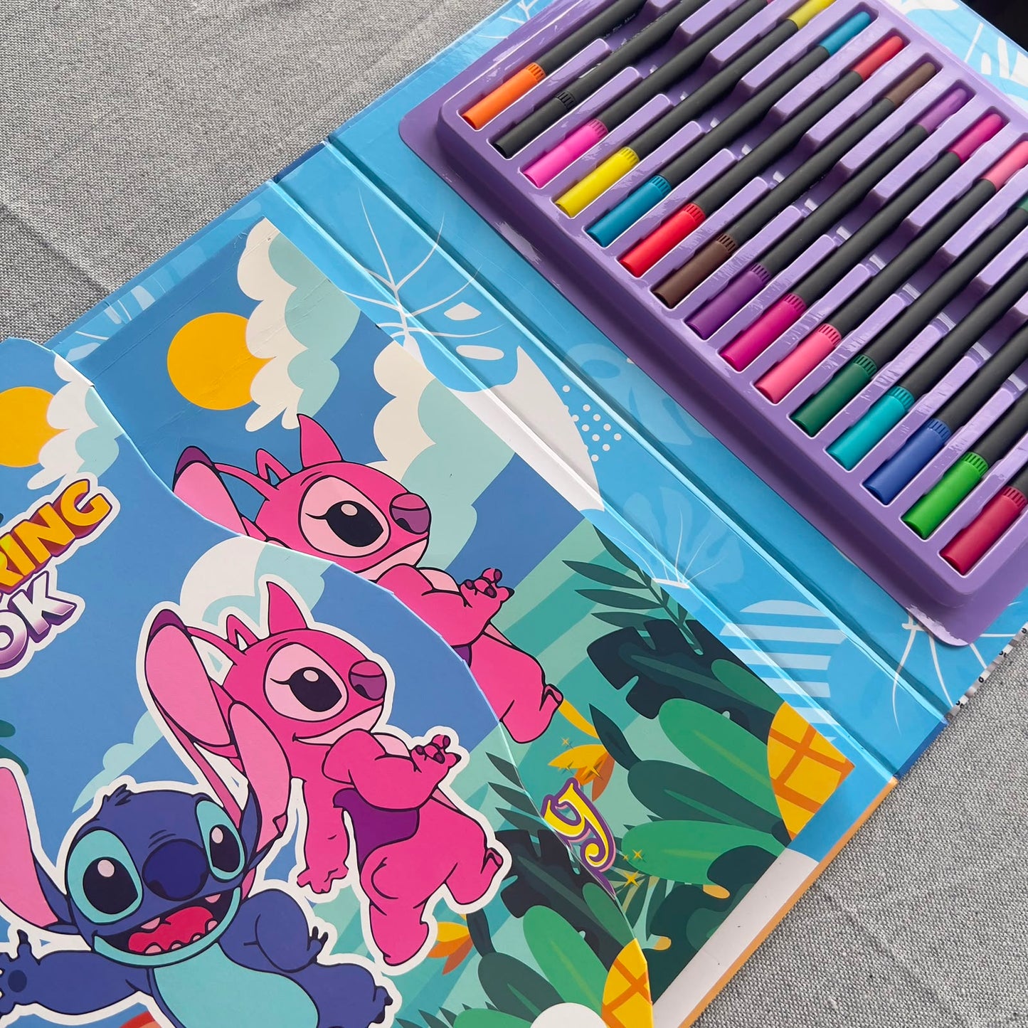 Large Stitch & Angel Coloring Book Set with 15 Double-Ended Markers – 32 Pages