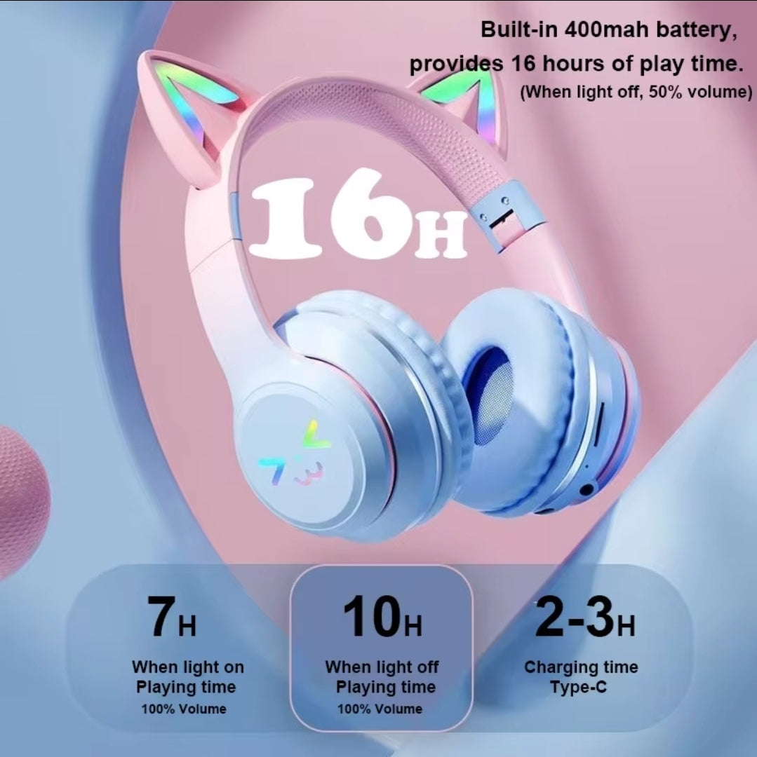 Cat Ear Wireless Headphones With LED Colorful Glow + Type-C Charge Cable