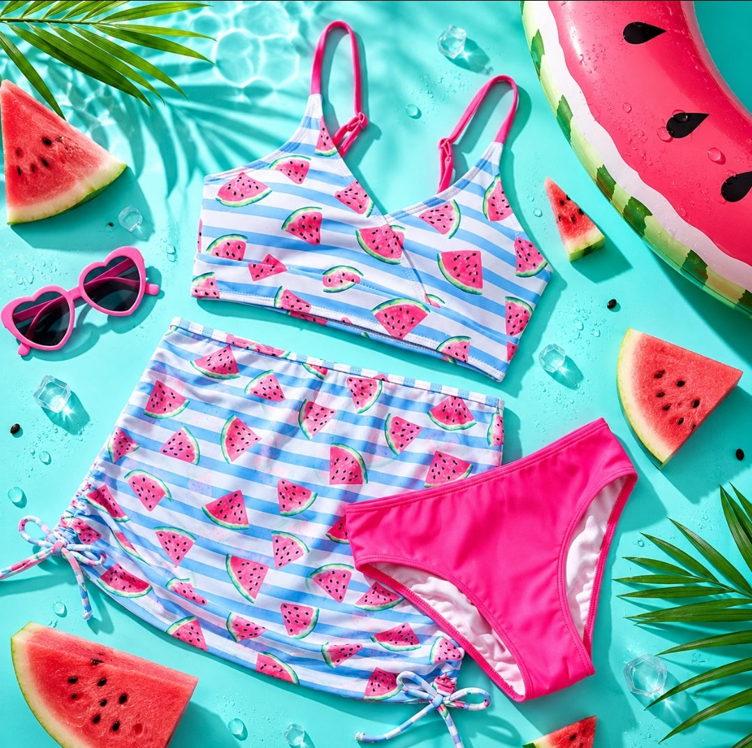 Girl 3-Piece Watermelon Print Swimwear Set | Size 8-12y