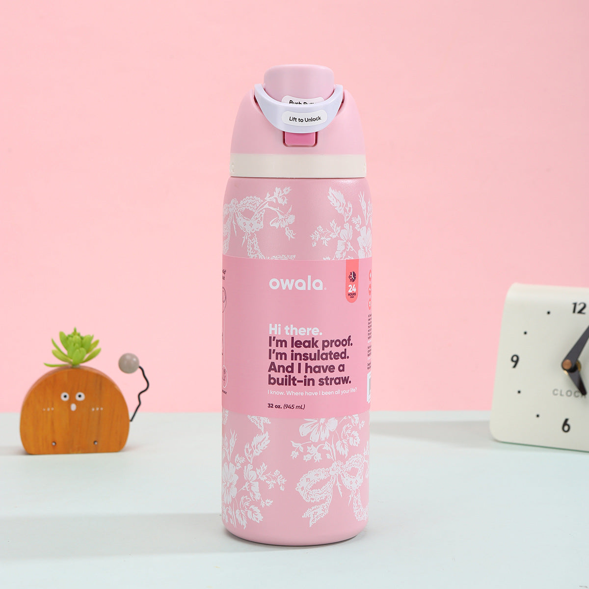 Owala Bottle Stainless Steel Free Sip Leak-proof Pink With White Flower 710-950ml