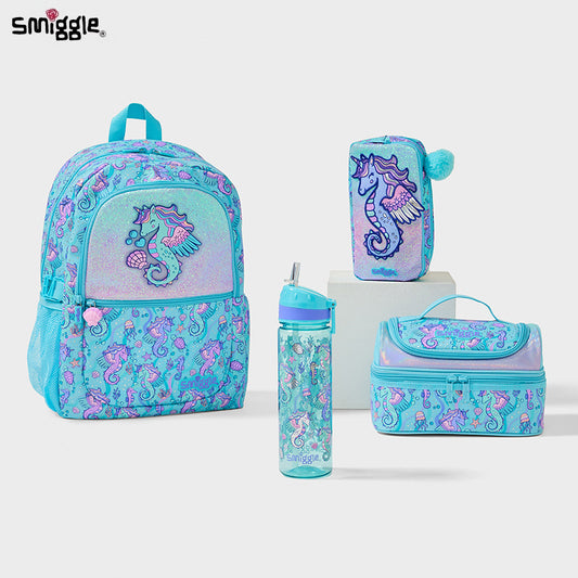 Smiggle Sea Horse Design Set Of 3pcs Bottle Lunch Bag Backpack 42cm