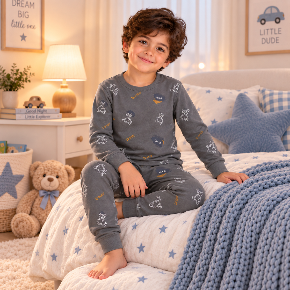 Boys’ 100% Cotton Teddy Bear Pajama Set | 8–14Y