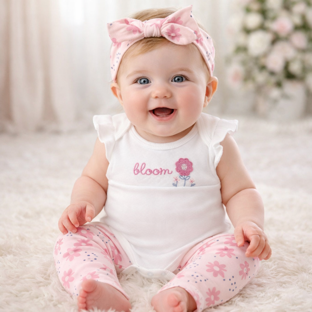 New Born Set For Baby Girl Flower Bloom  Body Pant And Headband  (3-6months)