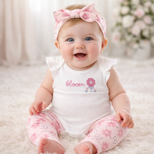 New Born Set For Baby Girl Flower Bloom  Body Pant And Headband  (3-6months)