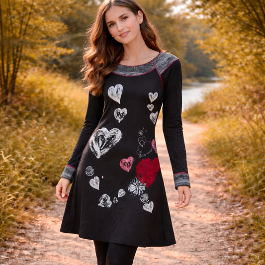 Black Long Sleeve Heart Print Dress Desidual Size XS