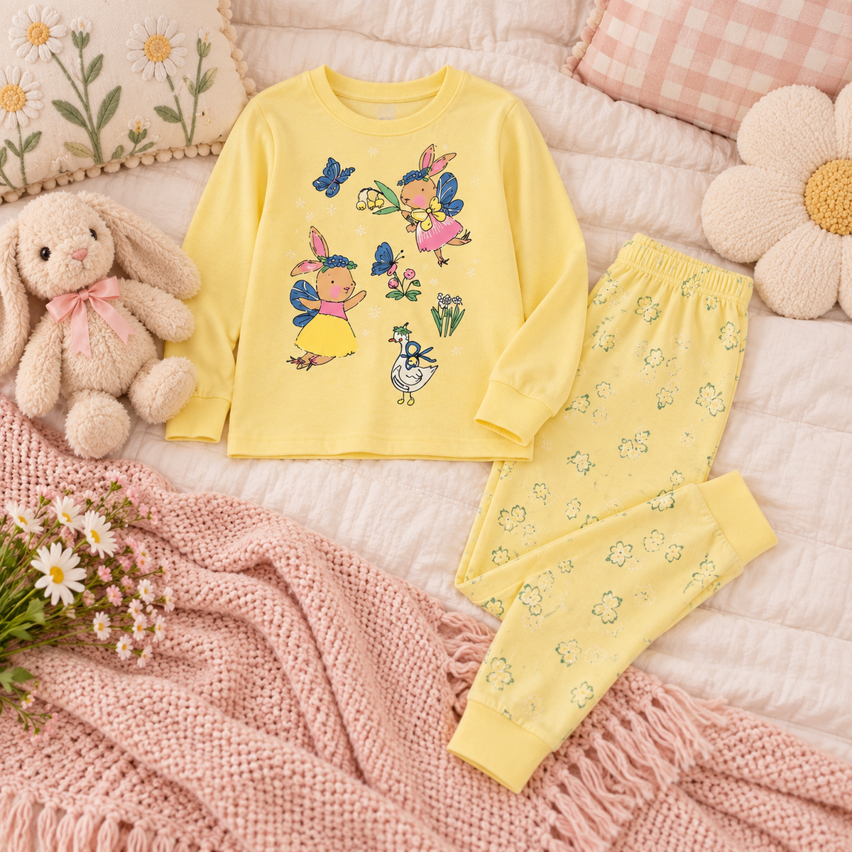 Girls’ 100% Cotton Bunny & Butterfly Pajama Set | 3–10Y