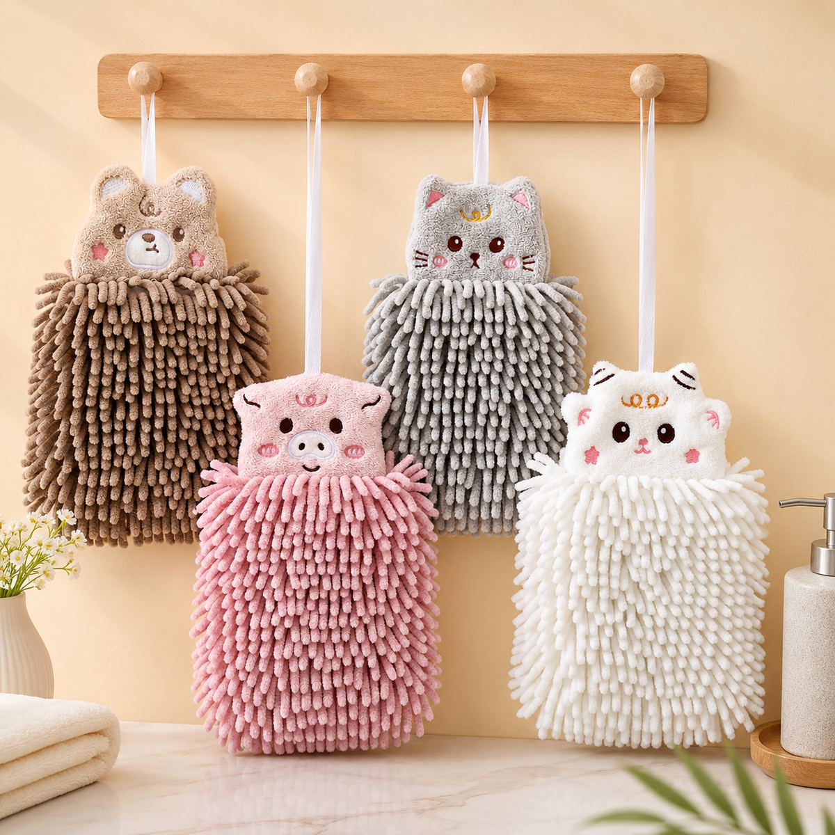 Cute Animal Chenille Hanging Hand Towel – 28 × 18 cm