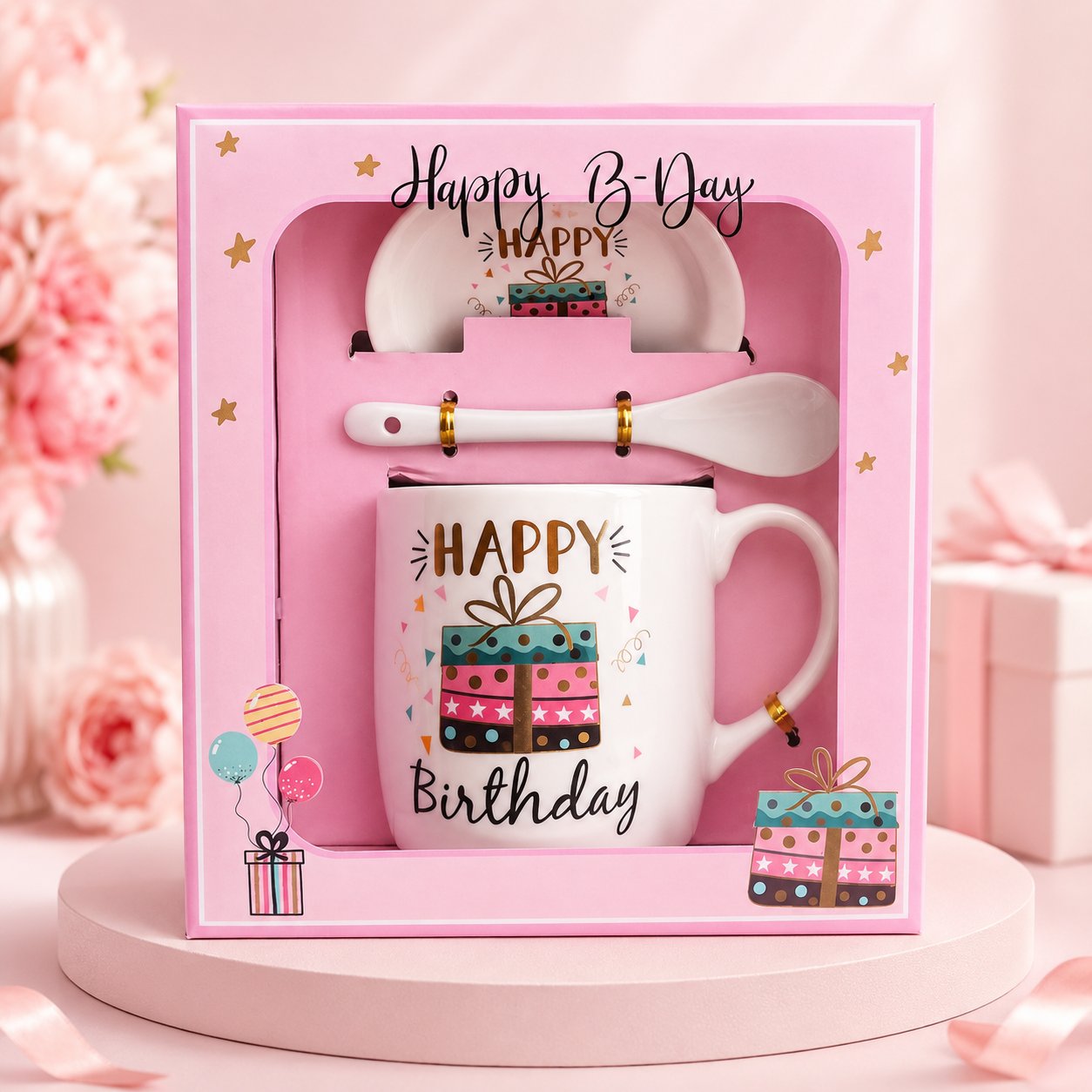 Happy Birthday Ceramic Mug Gift Set with Saucer & Spoon