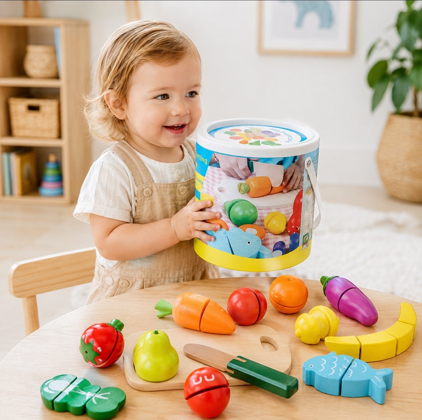 Wooden Fruit & Vegetable Cutting Play Set with Storage Bucket | 2+