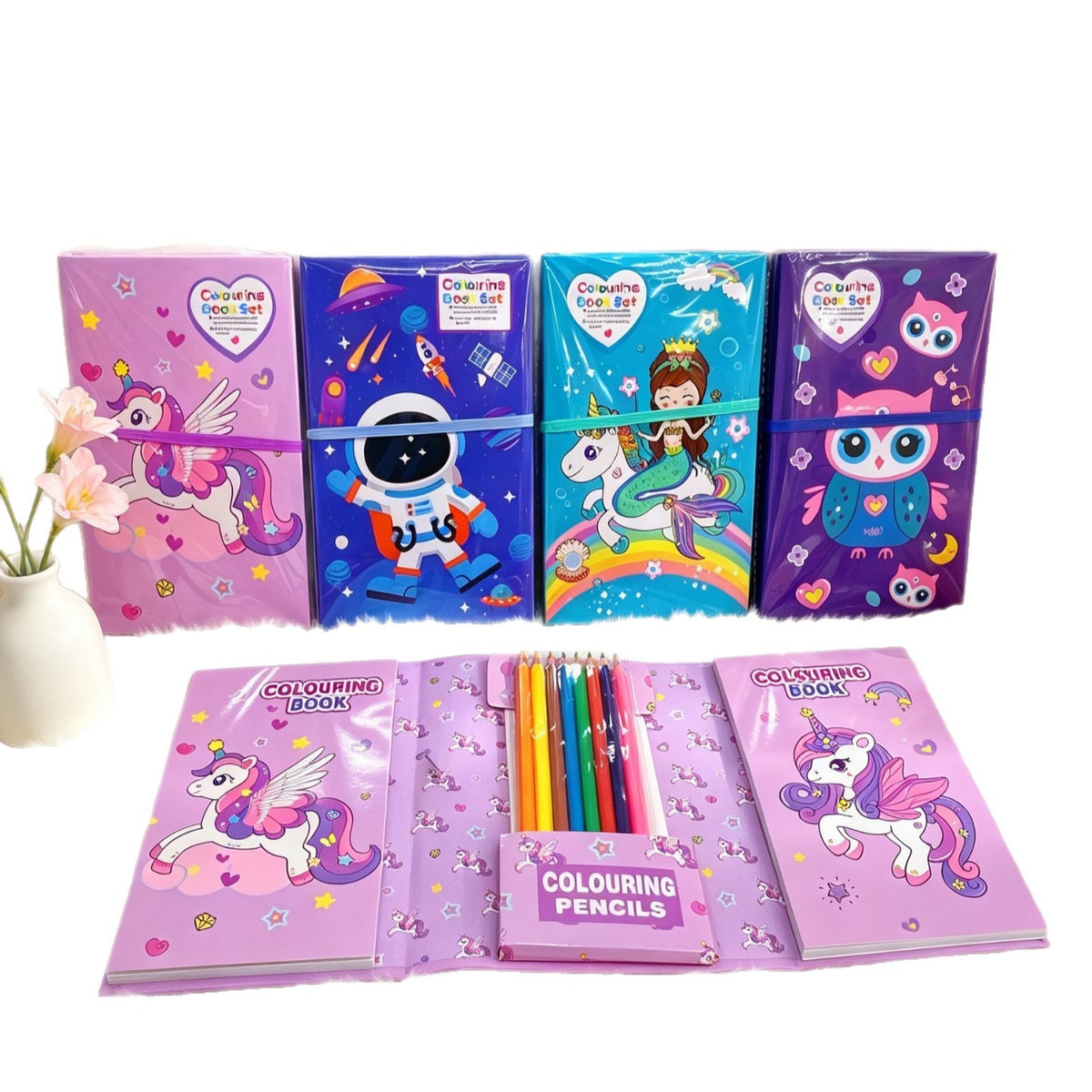 Kids Portable Colouring Book Set with 60 Pages & 8 Double-Sided Colour Pencils