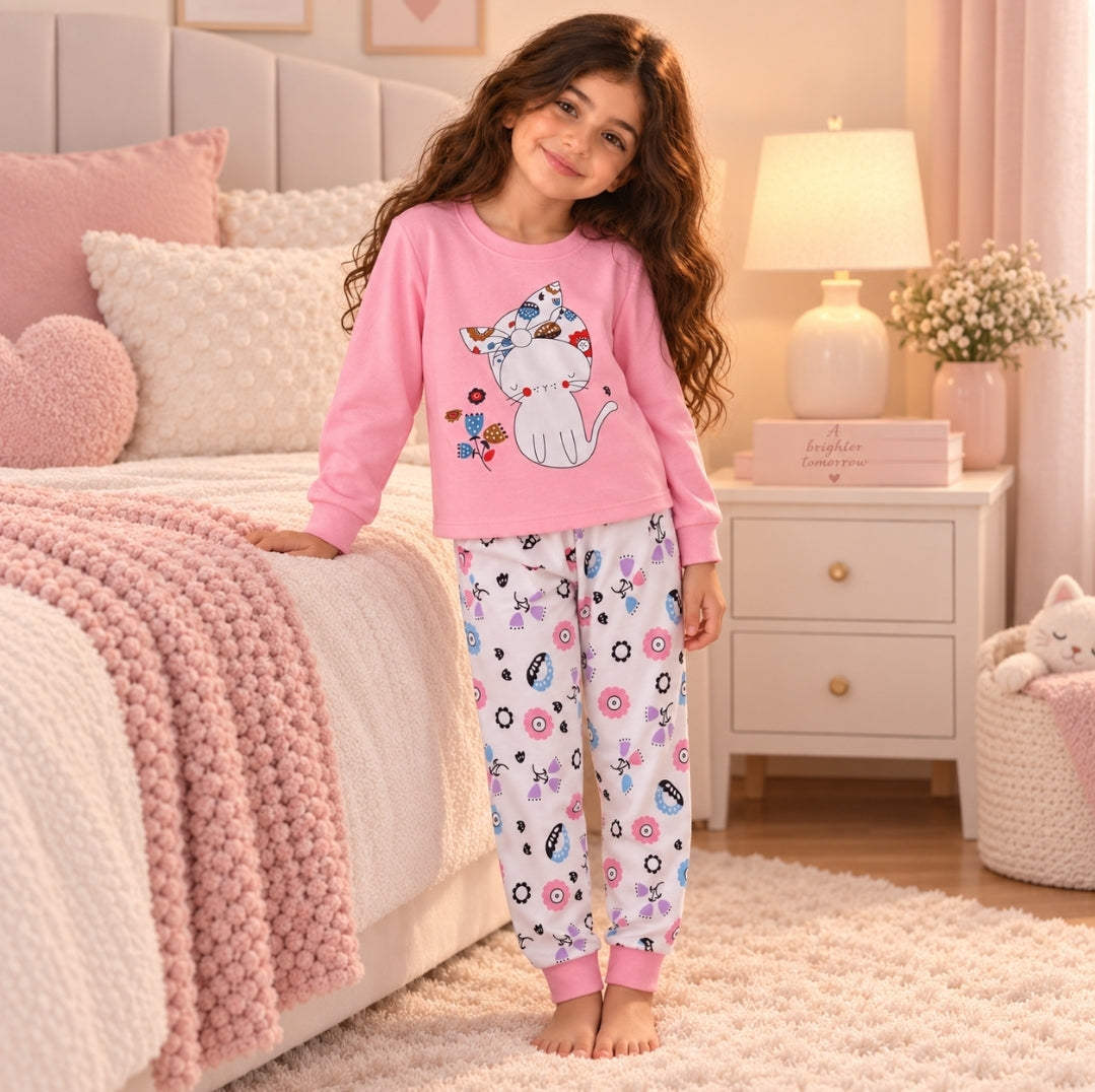 Girls’ 100% Cotton Kitty Pajama Set | 1–6Y