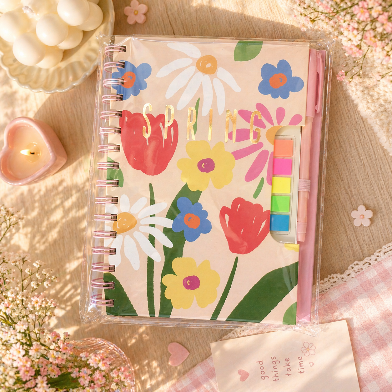 Floral Spiral Notebook Set with Sticky Notes & Pen A5